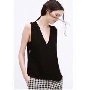 ZARA Black V-Neck Tank With Side Cutouts Sz Small